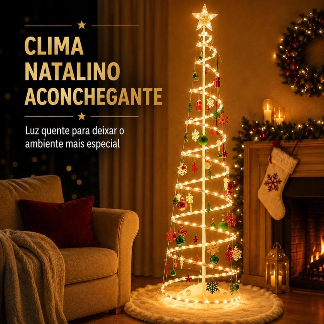 Árvore espiral com luz quente em uma sala aconchegante