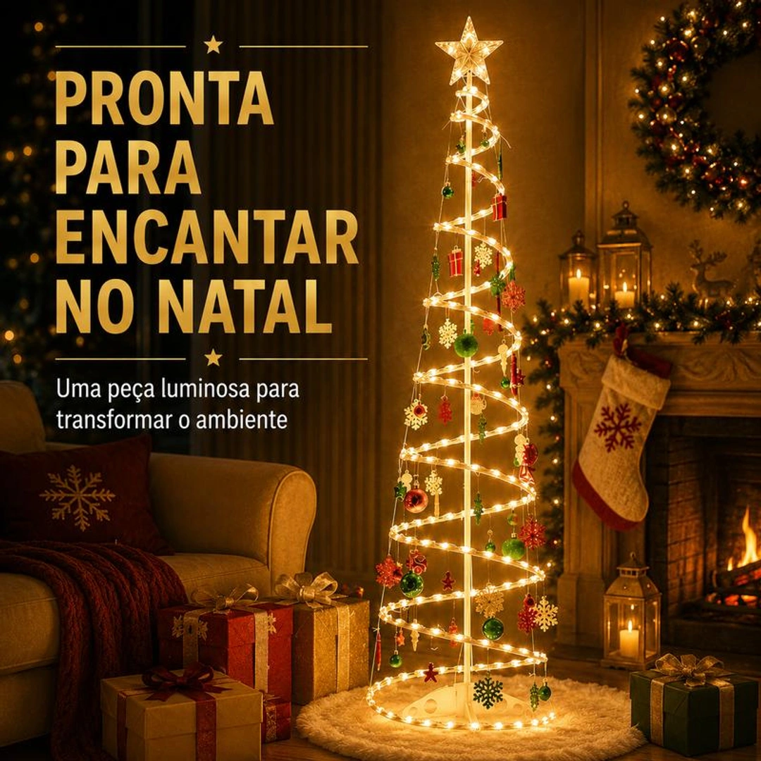 Árvore espiral iluminada ao lado de presentes de Natal