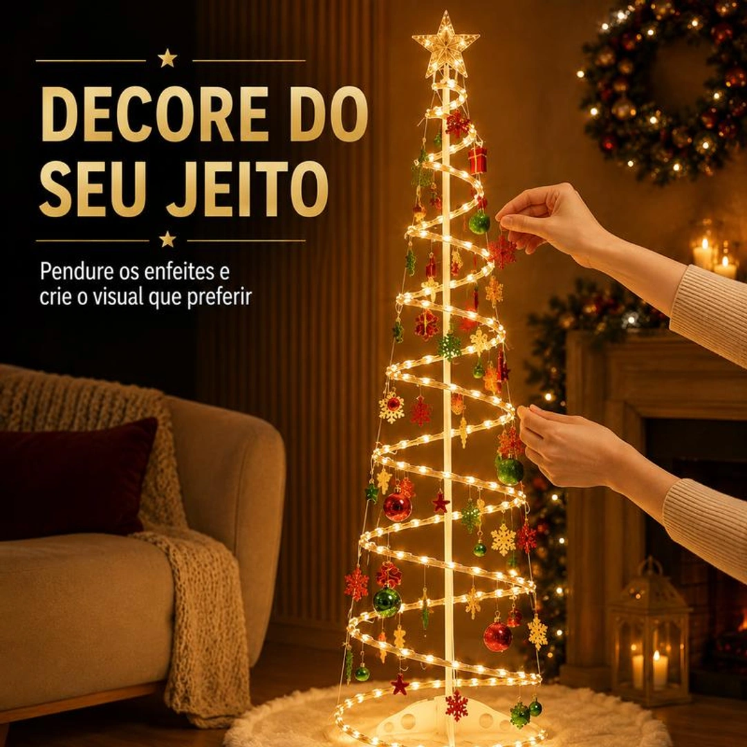 Sugestão de como pendurar enfeites na árvore espiral LED