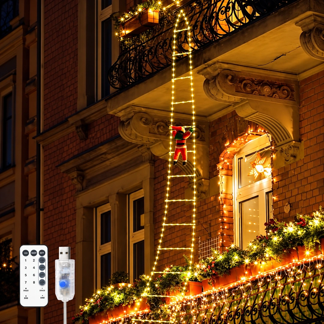 Escada LED com Papai Noel em branco quente na varanda